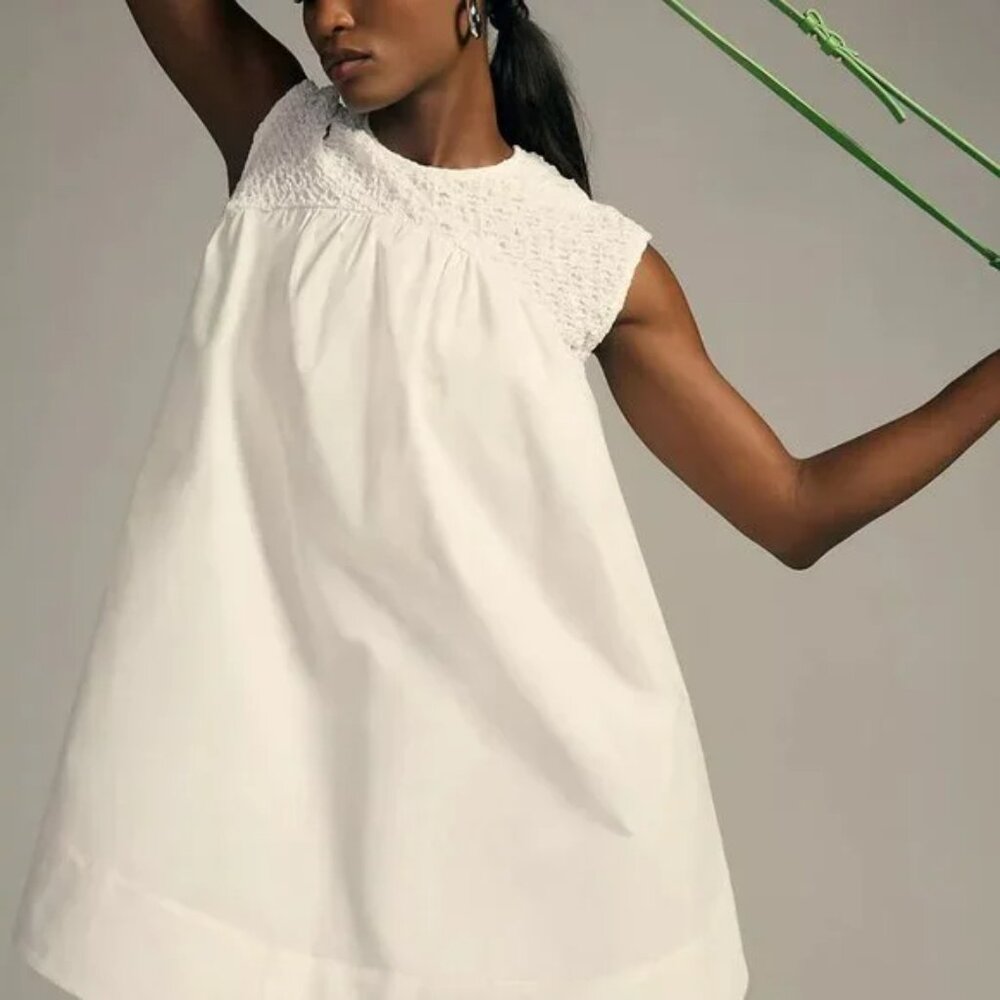 NWT Anthropologie Blue Tassel Smocked High-Low Babydoll Dress In White XS